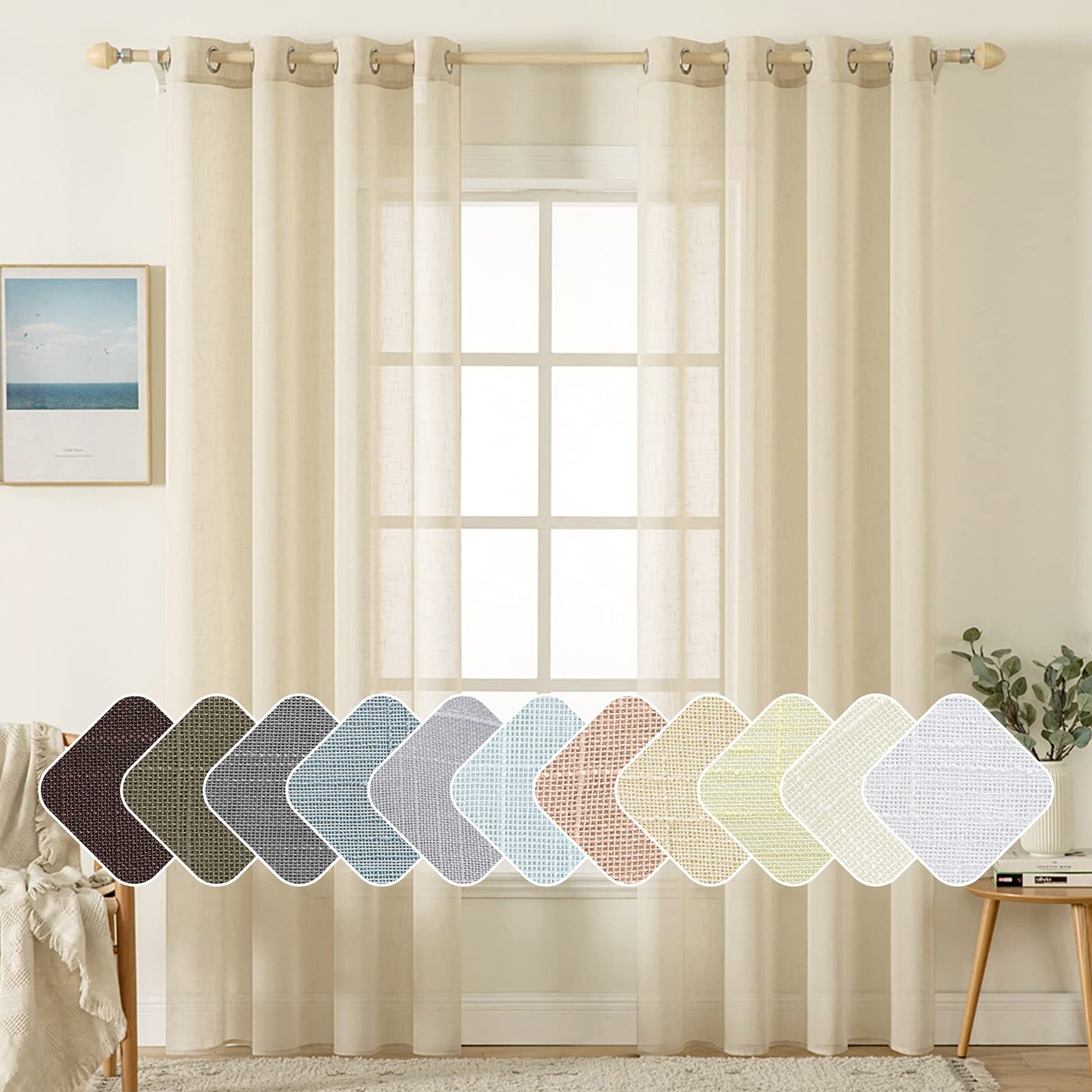 MIULEE Natural Light Beige Linen Semi Sheer Window Curtains - Elegant Solid Drapes Grommet Top - Voile Panels Linen Textured Panels for Bedroom Living Room (52" W x 84" L)